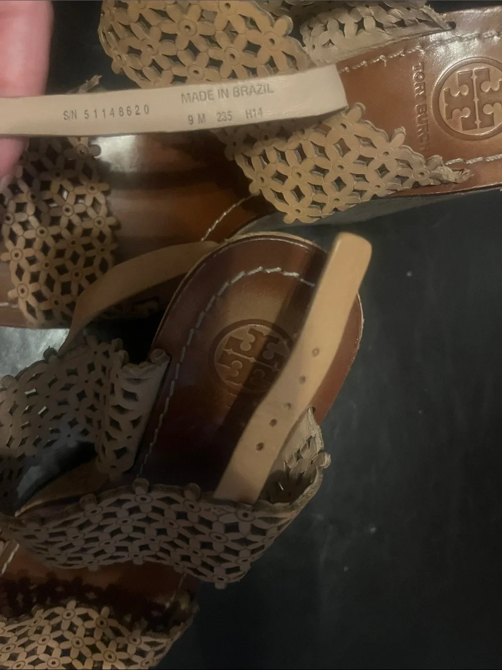Tory Burch Tan Floral Laser-Cut Cork Wedge Sandals